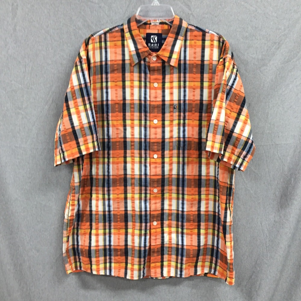 Kani Jeans Co Mens XL Orange Navy Plaid Short Sleeve Button Down Shirt Urban